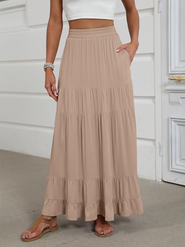 Image of ANRABESS Womens Maxi Skirt Elastic High Waist Swing Tiered A-line Flowy Pleated Boho Beach Vacation Long Skirts