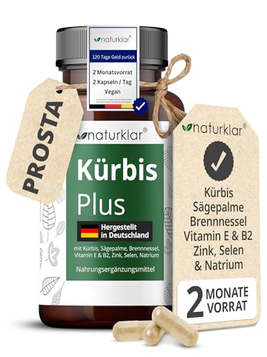 Sägepalmenextrakt & Kürbiskernextrakt - 8 Fach Kombi mit Brennnesselextrakt Vitamin E Zink Selen & Natrium - Vegan - 120 Kürbiskern-Kapseln hochdosiert Naturklar