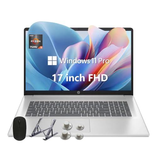 Image of HP 17 Laptop, 17.3 inch FHD Display, 8GB DDR5 RAM, 512GB SSD, AMD Ryzen 5 Processor(Beats i7-1165G7, Up to 4.3GHz), Windows 11 Pro, Alpacatec Accessories, Silver, Video Editing Laptop
