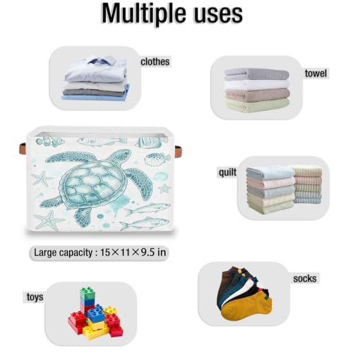 Image of Ocean Fish Square Storage Basket, Sea Turtle Fabric Storage Bin with Leather Handles Collapsible Storage Bin Nursery Hamper for Organizing Toys, Clothes, Books, Gift Baskets