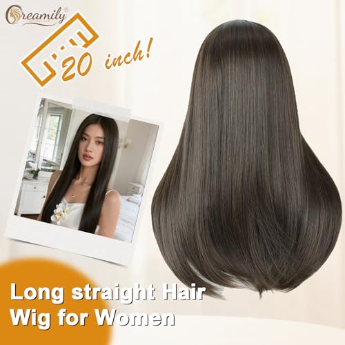 Image of Creamily 18 Inch Long Straight Brown Hair Wig for Women Full Head Natural Looking Synthetic Heat Resistant Wigs for Daily Party Cosplay Use