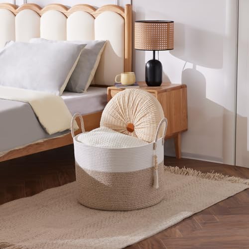 YOUDENOVA Laundry Basket With Wooden Hanging Bead, Toy Storage Basket for Kids, Cotton Rope Blanket Basket Large, Woven Storage Basket Nursery Decor Organiser Washing Basket With Handle 50x33cm Brown - Image 8