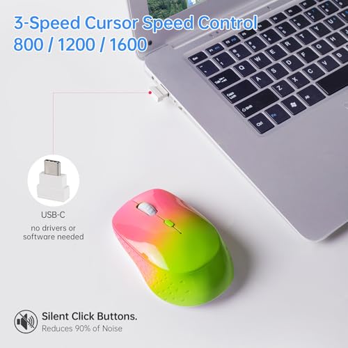 Wireless Mouse,USB-C & USB-A Dual Receiver Silent Rechargeable Mouse,Ergonomic Portable Optical Mouse for MacBook, iPad, Tablet, Laptop, PC–Gradient Pink Green - image 2