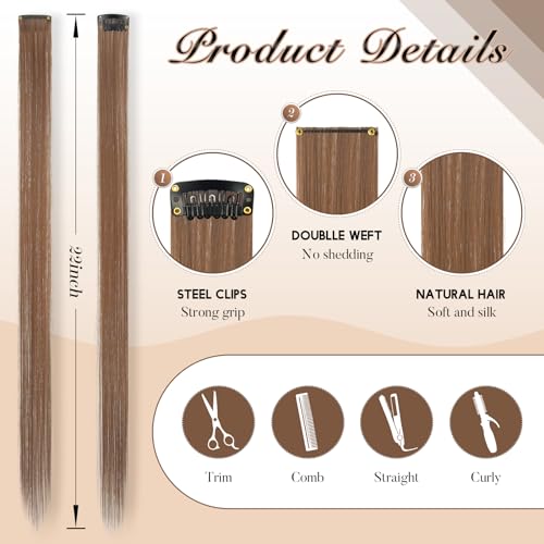 FESHFEN Coloured Clip in Hair Extension Light Brown Hairpieces for Women Party Highlight Colourful Straight Long Hair Extensions Clip in Hair Piece - Image 4