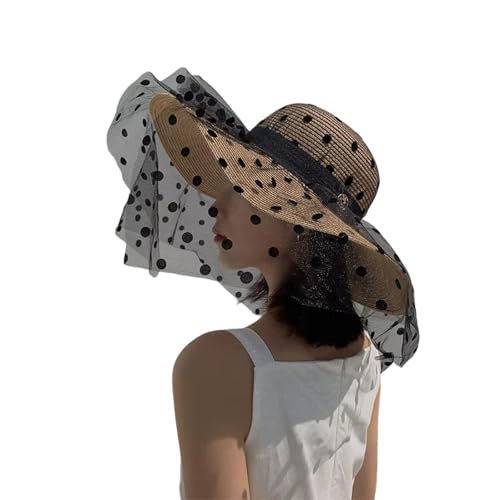 Chapeau de paille en maille élégant au style classique à pois pour femme distinguée