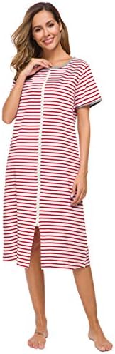 Vslarh Women Short Sleeve Zip Front Nightgowns Full Length Cotton Robes Loose Housecoat Loungewear with Pockets (W&R,Medium)