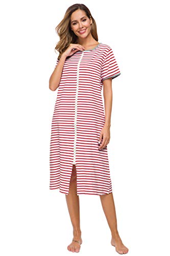 Vslarh Women Short Sleeve Zip Front Nightgowns Full Length Cotton Robes Loose Housecoat Loungewear With Pockets (W&R,Medium) #TOP3