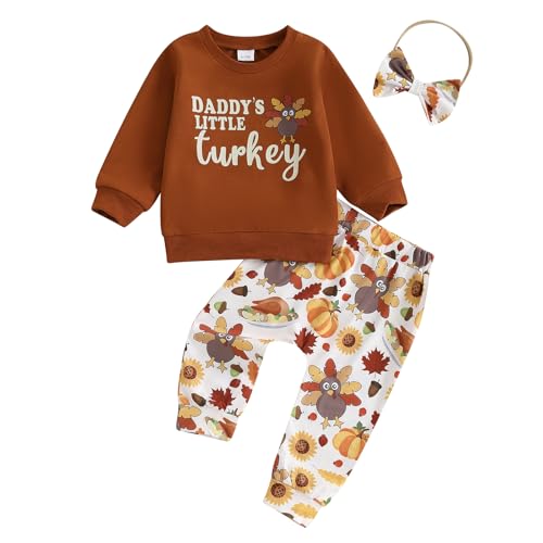 Lesimsam Thanksgiving Baby Girl Outfit Toddler Letter Print Long Sleeve Sweatshirt Turkey Pants Headband 3 Piece Outfits Set
