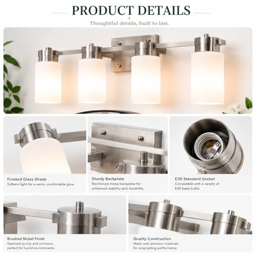 Image of 4-Light Bathroom Vanity Light, Brushed Nickel Vanity Light with Frosted Glass Shades, E26 Base Bathroom Light Fixture, Dimmable, Up or Down Wall Mount Lighting for Bathroom Mirror