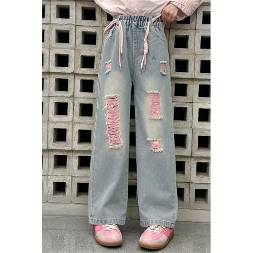 Girls Ripped Jeans Elastic Waist Distressed Baggy Denim Pants Teen Drawstring Wide Leg Streetwear Casual Y2K Trousers4