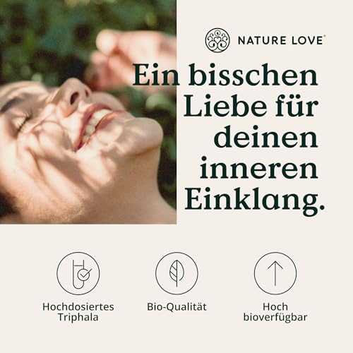 NATURE LOVE® Bio Triphala - Hochdosiert mit 500mg je Kapsel - 180 Kapseln - Hochwertiger Rohstoff aus Indien - Laborgeprüft und zertifiziert Bio, in Deutschland produziert