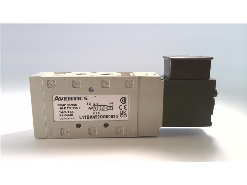 L11BA452OG00030 L1 Single Solenoid Pilot, 1/4" Inline, Spring Return, 2 Position, 4-Way (5/2), Din Plug-in Air Pilot, ISO 228/1-G Pressure Ports, 110 VAC - 120 VAC, 50 Hz - 60 Hz