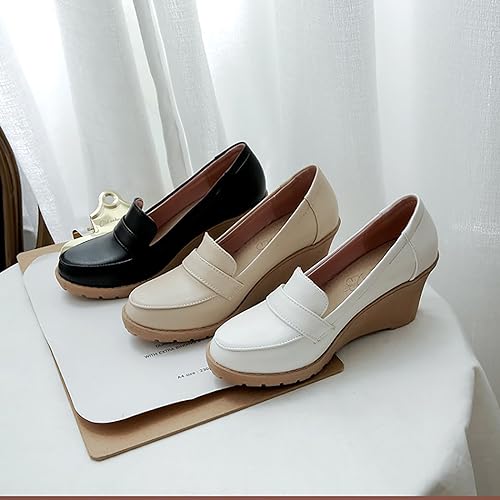 Women's Slip on Round Toe Wedge Pumps,Fashion Hand Stitching Cozy Hiking Platform Loafers Office Work Wedding Party Dress Elegant High Heel Shoes2