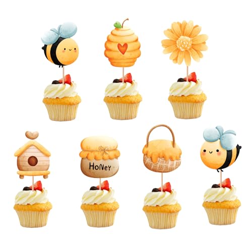 SAMOKA Bee Cupcake Toppers,21 PCS Bee Cake Topper,Bee Party Decorations