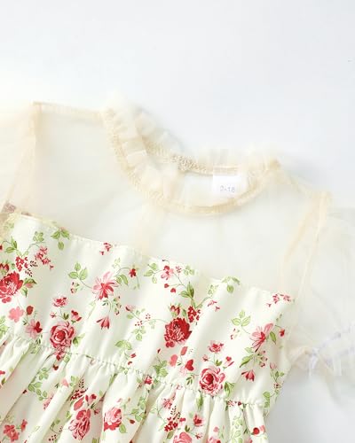2T Girl Clothes Toddler Little Girls Outfits 3T Summer Spring Bell Bottom Flare Denim Pants Jeans Puff Sleeve Beige Floral Tulle T Shirts Baby 2 3 Year Old Clothes Clothing - Thumbnail 4