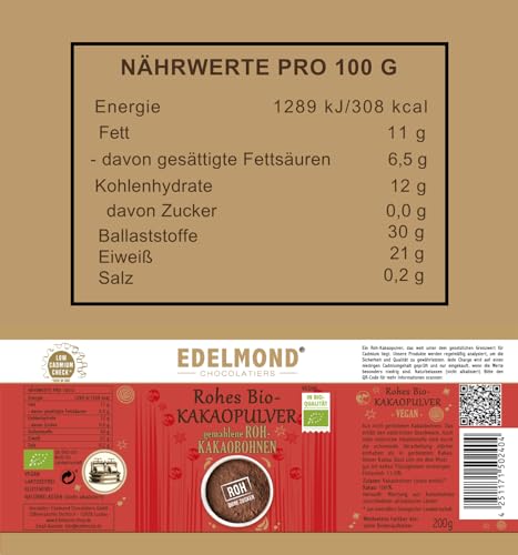 Bio Kakaopulver Rohkost von Edelmond. Cadmium Analysiert. 100% pur + entölt als Rohkost oder Smoothie cacao. AAA Chocolatiers Qualität (200GR)