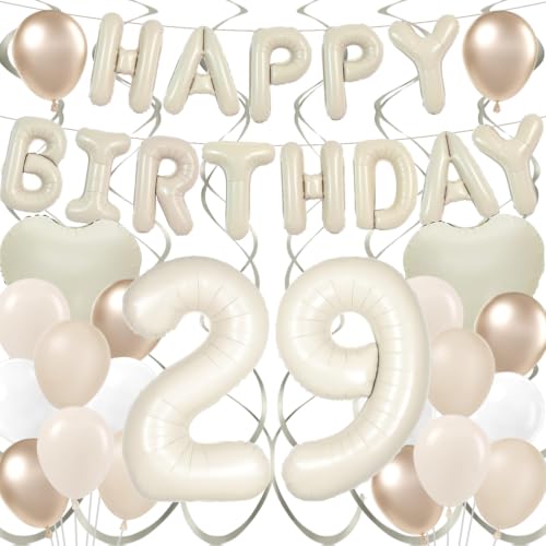 Cream 29th Birthday Decorations for Women, Happy Birthday Balloon Banner with Cream 29 Balloon Number Heart Balloons for Happy Birthday Decorations Set by Bauiltwy - Used condition - US$7.66