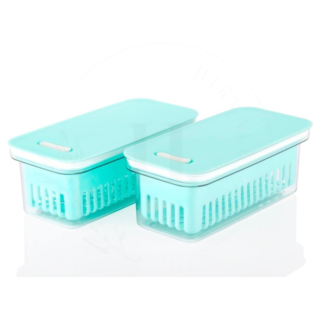 HIRVALL Refrigerator Fresh Boxes, Produce Saver Storage Containers, Fridge Organizer with Removable Draining Board and Air Hole, Keep Vegetables Fresh,Easy to Clean-1500ML. - Pack Of 2. (Blue)