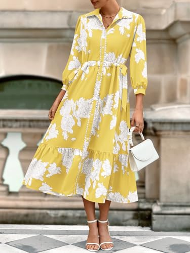 Image of Wenrine Womens Maxi Shirt Dress Floral Long Sleeve Button Down Boho Dresses | 3 /4 sleeve, collared, button, flower, drawstring waist, long bohemian dress,casual fall dresses