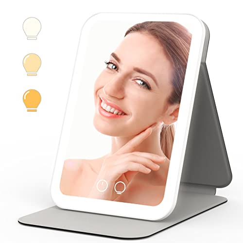 EASEHOLD Kosmetikspiegel mit Beleuchtung, Reisespiegel mit 52 LED-Leuchten, Tragbarer Schminkspiegel mit Licht, 3 Einstellbare Lichtfarben, Dimmbarer Touchscreen, Faltbarer Reisespiegel Makeup (Weiß) Cover