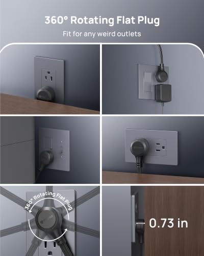 Image of TROND 360 Rotating Flat Plug Power Strip 5ft with USB PD 20W, 9 AC, Black | Flat Extension Cord Surge Protector 1300J, 1625W, Wall Mountable, for Home Office Travel Dorm Room Essentials