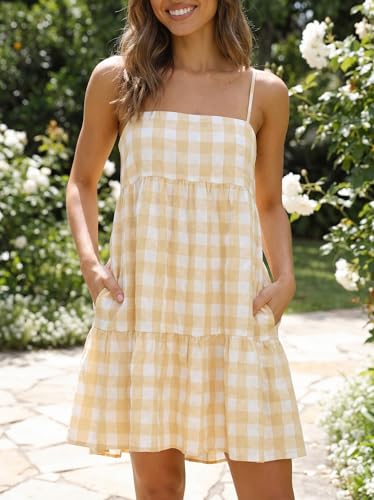 Image of Womens Summer Plaid A-line Sleeveless Casual Flowy Mini Sundress | Spaghetti Strap,Gingham Y2K,Maternity,Vacation,Country Concert,Short Dresses,with Pockets