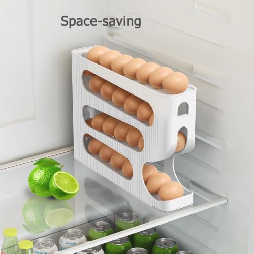 Image of 4-Tier Automatic Rolling Egg Dispenser for Refrigerator - Space-Saving Plastic Egg Holder, Holds Up to 30 Eggs, Roll-Down Design (WHITE NEW)