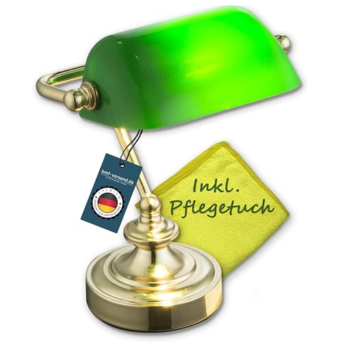 bmf-versand Bankerlampe Grün Messing - Schreibtischlampe Retro mit Grünen Lampenschirm - Banker Tischlampe Büro - Schreibtischleuchte mit Pflegetuch - Bürolampe Schreibtisch Höhe 24 cm