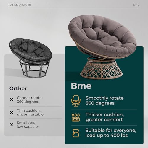 Image of Bme Ergonomic Wicker Papasan Chair with Soft Thick Density Fabric Cushion, High Capacity Steel Frame, 360 Degree Swivel for Living, Bedroom, Reading Room, Lounge, Smoky Quartz - Brown Base