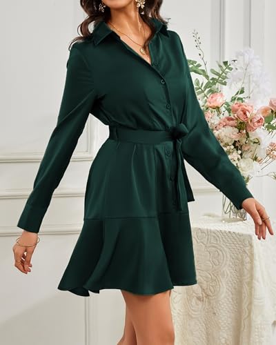 Image of Women's Long Sleeve Button Up Midi Belt Shift Collar Dress with Pockets for Work Office Business