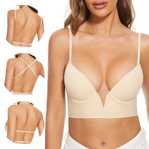 Image of Low Back Bras-Seamless Deep-V Plunge Invisible Backless Bra-Underwire Lightly Lined Halter Multiway Low Cut Bra