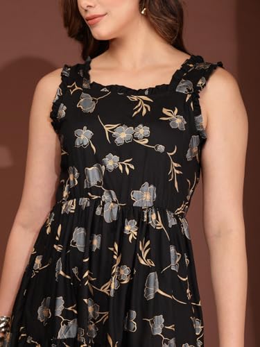 Image of Daevish New Rayon Floral Printed Flared Midi Dress for Women | Women Calf Length Dress
