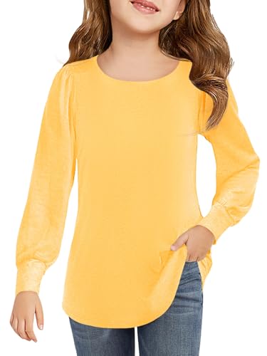 Image of Haloumoning Girls Puff Long Sleeve Shirts Fall Tops 5-14Y | Casual,Solid Color,Crewneck, Soft, Tunic Tops Blouse,Kids Long Sleeve T Shirt,,Fashion Clothes