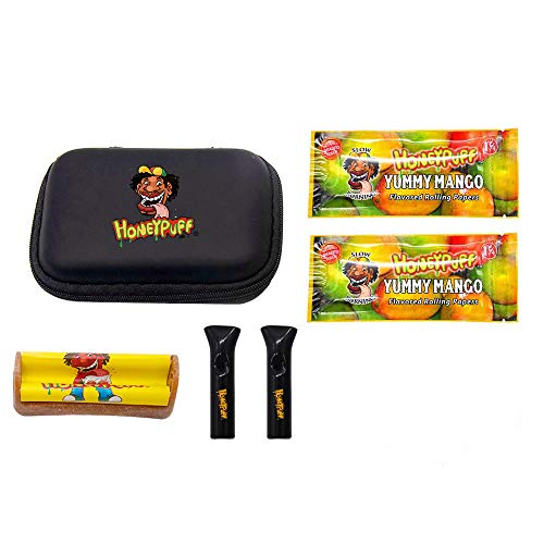 Honeypuff Flavored Rolling Papers with 2 Packs Glass Filter, 2 Packs Unbleached and Raw Papers, Cigarette Rolling Machine, 78MM 1 1/4 Size, Bundle-5 Items, Mango