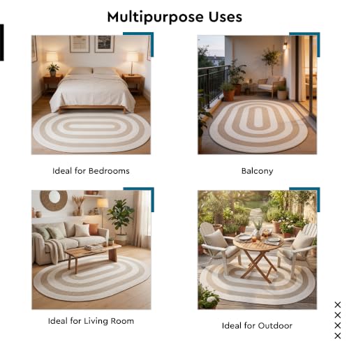 Image of Encasa XO Oval Braided Area Rug for Living Room & Bedroom | Cotton Blend Reversible Floor Carpet | Handwoven Natural Fiber Boho Room Decor | Washable | Beige & Off-White-1 (122x183 cm) | 4x6 Ft
