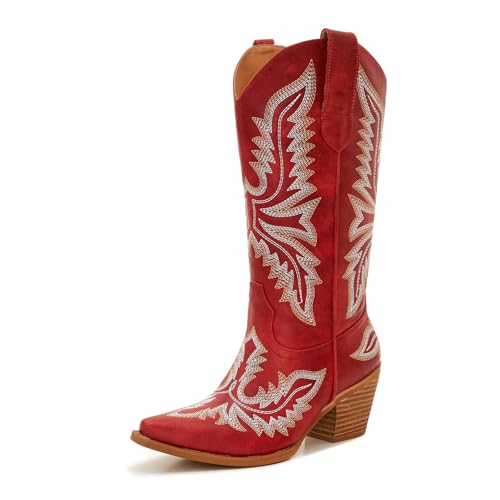 Image of Cowboy Boots for Women - Embroidered Western Cowgirl Boots with Fashion Snip Toe, 1.75-Inch Low Block Heel and All-Day Comfort Fit