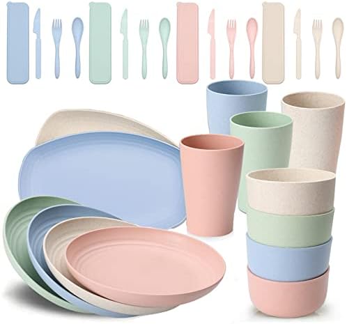 RHM 30Pcs Dinner Set for 4 - Unbreakable Tableware - Plates, Bowls, Cups, Cutlery Sets - Microwave & Dishwasher Safe - Perfect for Camping, Picnic, RV, Dorm - Great for Kids, Elderly