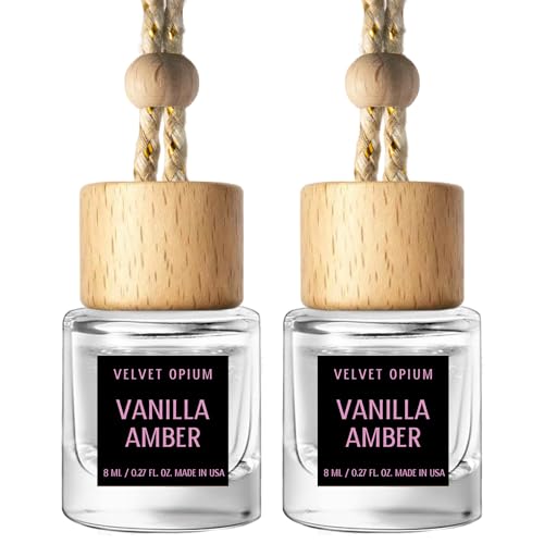 Image of C Classy Hanging Car Air Freshener 2 Pack, Vanilla Amber Essential Oil Diffuser, Long-Lasting Fragrance, Cute Glass Bottle Car Accessories for Women & Men, Made in USA