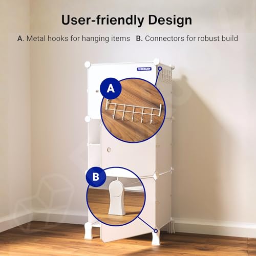 Image of BOXJOY 6 Shelf Shoe Rack with 3 White Doors, 5 Hook Steel Holder & Wooden Hammer, Home Storage PP Plastic Organizer with Metal Door Frame to Cover Chappal Slipper Sandals Shoes Box Stand (White)