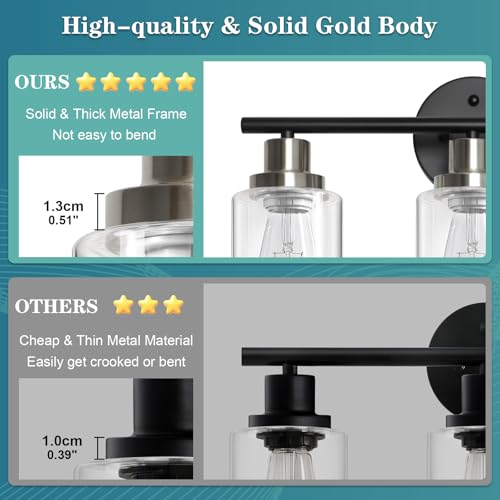Image of Unicozin Modern Bathroom Light Fixtures, 3 Light Vanity Lights, Black and Brushed Nickel Wall Lamp with Clear Glass for Bathroom, Mirror, Living Room, Bedroom, Hallway, E26 Base