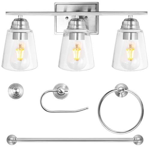 hykolity 3-Light Vanity Light Fixture, 5-Piece All-in-One Bathroom Set with Towel Bar, Ring, Robe Hook & Toilet Paper Holder for Bathroom Mirror Lighting, Brushed Nickel Wall Light with Glass Shade