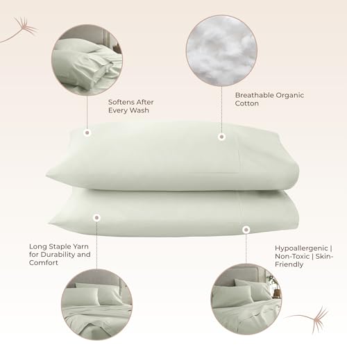 Image of 100% Organic Cotton Pillow Cases Queen Size Set of 2-100% Cotton Pillowcases GOTS Certified 300 Thread Count - Naturally Cooling Comfortable Breathable & Soft Pillow Cases (Pastel Green, Queen)