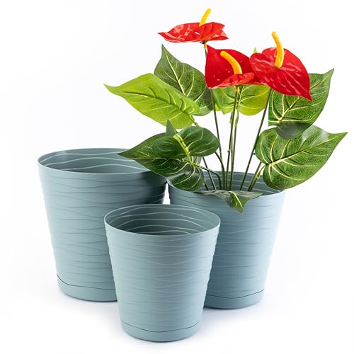 Home Garden Ornaments Tedi Maceta Verde Juego de 3 Tamaños 13/15/17cm - Macetas Plastico con Platillo Integrado con Orificios de Drenaje - Maceteros Exterior - Macetero Interior (Verde)
