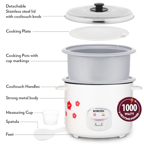 Image of Borosil Pronto Dual 2.8 L Electric Rice Cooker with 2 Pot | 1000W, Keep Warm Feature with Indicator Display, Anti Skid Rubber Feet | Cook & Boil Noodles, Rice, Upma, Idli, Dhokla | 2 Years Warranty