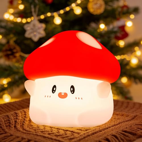 Image of Mushroom Night Light, Squishy Silicone Lamp for Kids, Tap Control, 2 Brightness Levels, 50H Battery, Auto Timer, Bedside Nursery Desk Decor