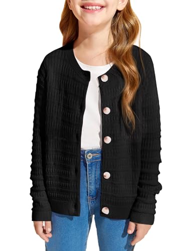 Image of Haloumoning Girls Button Down Cardigan Jackets Kids Long Sleeve Cable Knit Sweaters 5-14 Years Black
