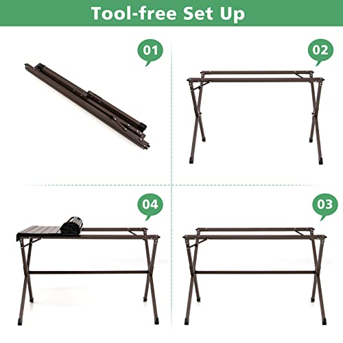 Giantex Folding Camping Table, Aluminum Picnic Table For 4-6 Person, Roll Up Tabletop With Carrying Bag For Outdoor Beach Bbq Backyard (Brown) #TOP1