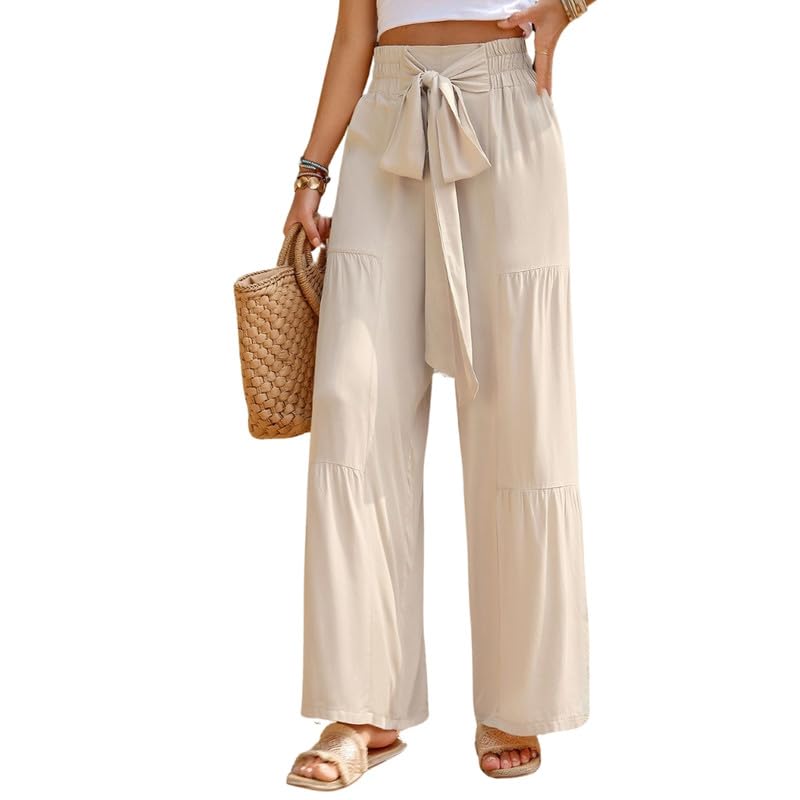 WESOKE® Women’s Wide-Leg Palazzo Pants – Casual Floor-Length Trousers with Belt Cream-image-23