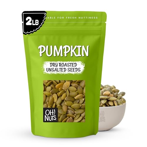 Oh! Nuts Pumpkin Seeds - Dry Roasted Unsalted - 2 lb - All-Natural Protein Power Unshelled Pepitas - Packed in New York Zip-Seal Bag for Exceptional Freshness