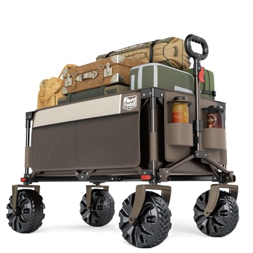 Timber Ridge Outdoor Collapsible Wagon Utility Folding Cart Heavy Duty All Terrain Wheels for Shopping Camping Garden with Side Bag and Cup Holders,Tan